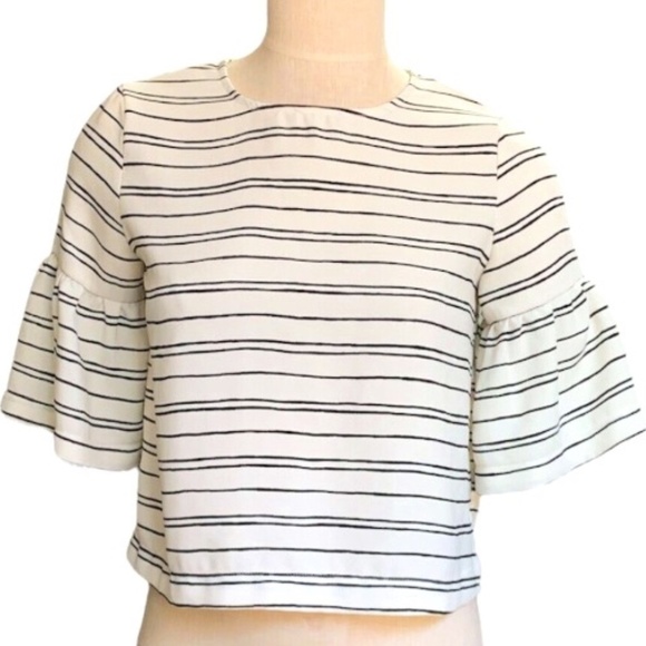 Who What Wear BOHO Cropped Top Bell Sleeve Ivory & Black Striped SZ XS #252E - Picture 1 of 6